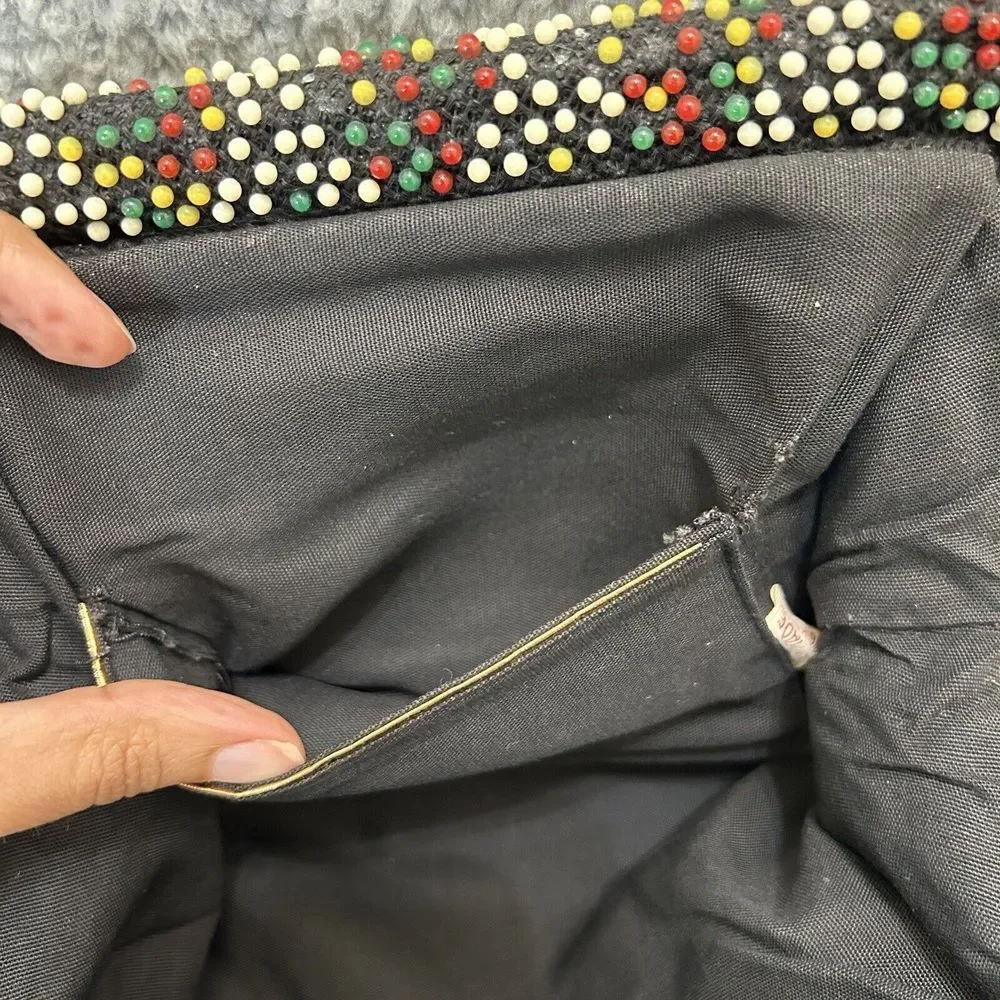 Vintage Purse Black Multicolored Beaded Cloth Clutch Handbag Hong Kong Fun Color